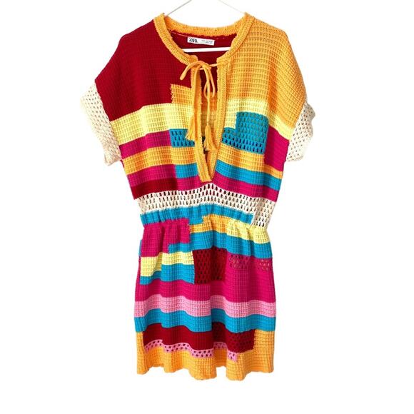 Zara Crochet Multicolor Open Neck Pink Blue Granny Romper medium - Picture 1 of 10